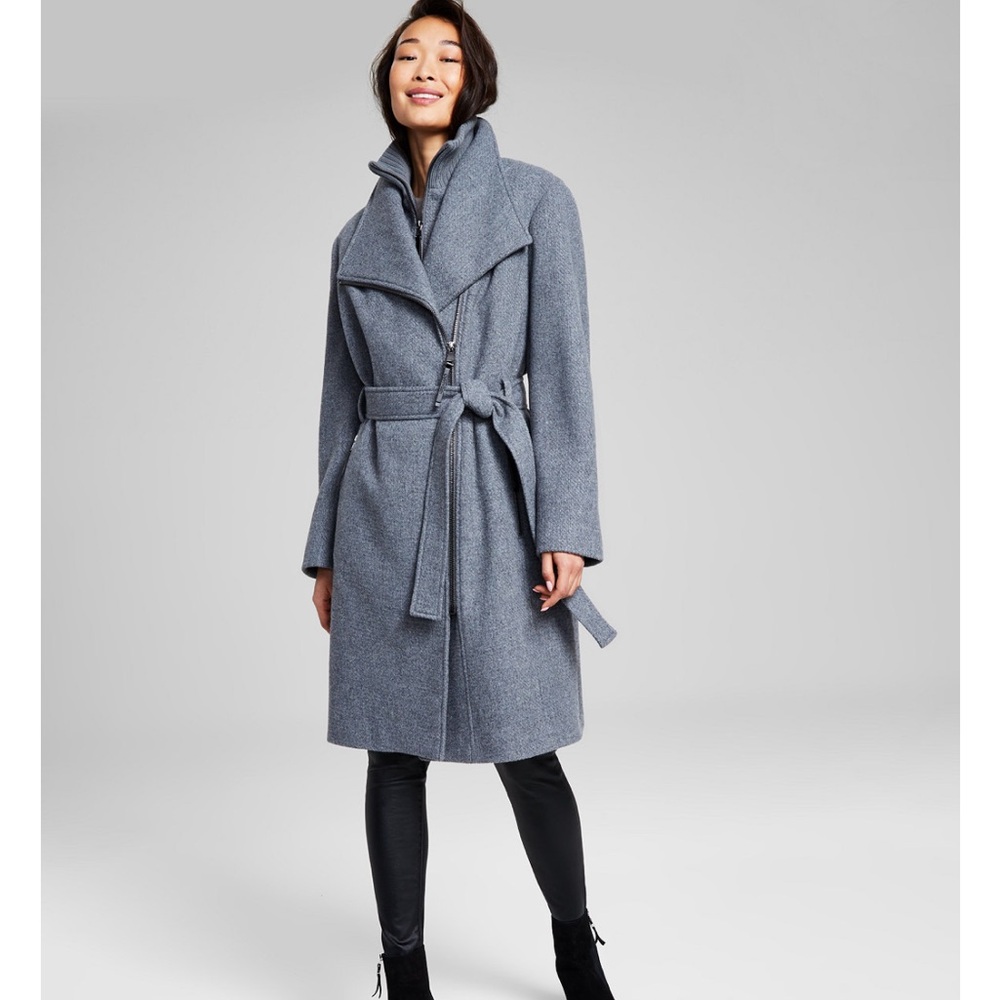 Calvin Klein Women’s Wool Blend Belted Wrap Coat grey - Picture 4 of 6